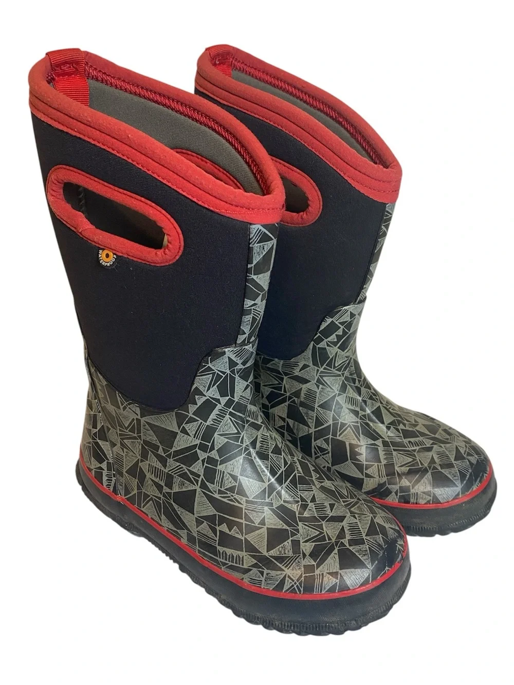 Bogs Boots Boys 1 Classic Maze Geo Red Black Geometric Waterproof -30 Rain Snow